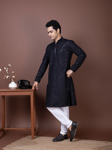 Mens Black Chikankari Kurta with Pyjama