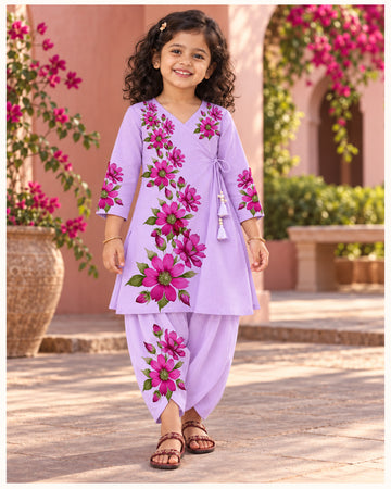 Girls' Purple Cotton Kurti with Tulip pant Set – Printed