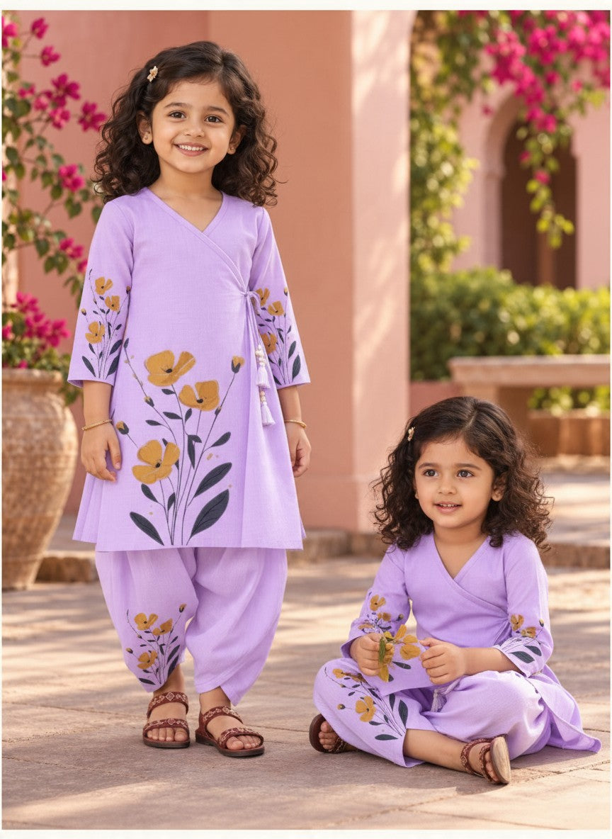 Girls' Purple Cotton Kurti with Tulip pant Set – Printed