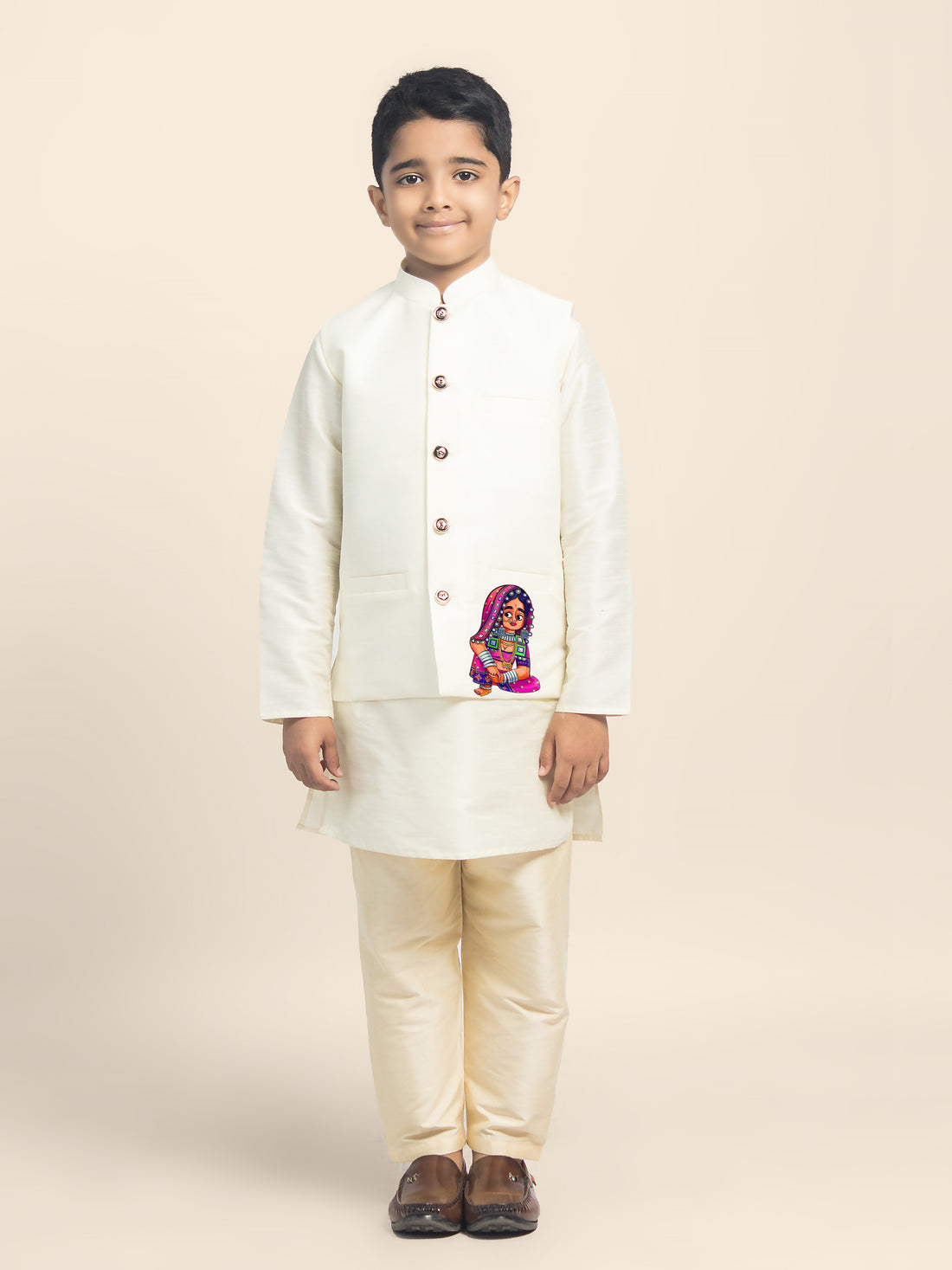 Boys White Printed Kurta & Pyjama Set With Nehru Jacket