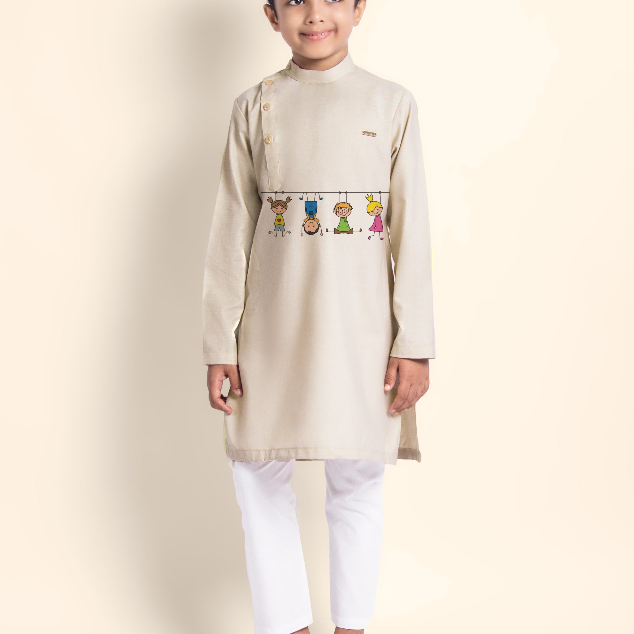 Boys Beige Printed Kurta With Pyjama