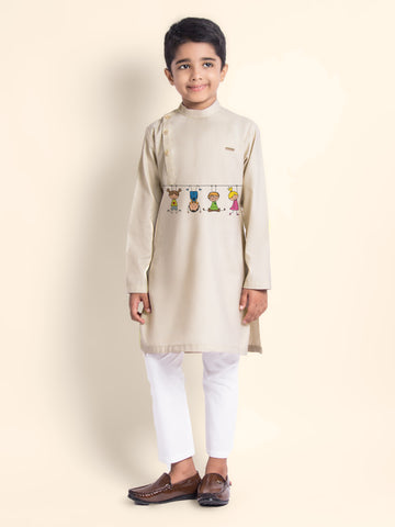 Boys Beige Printed Kurta With Pyjama