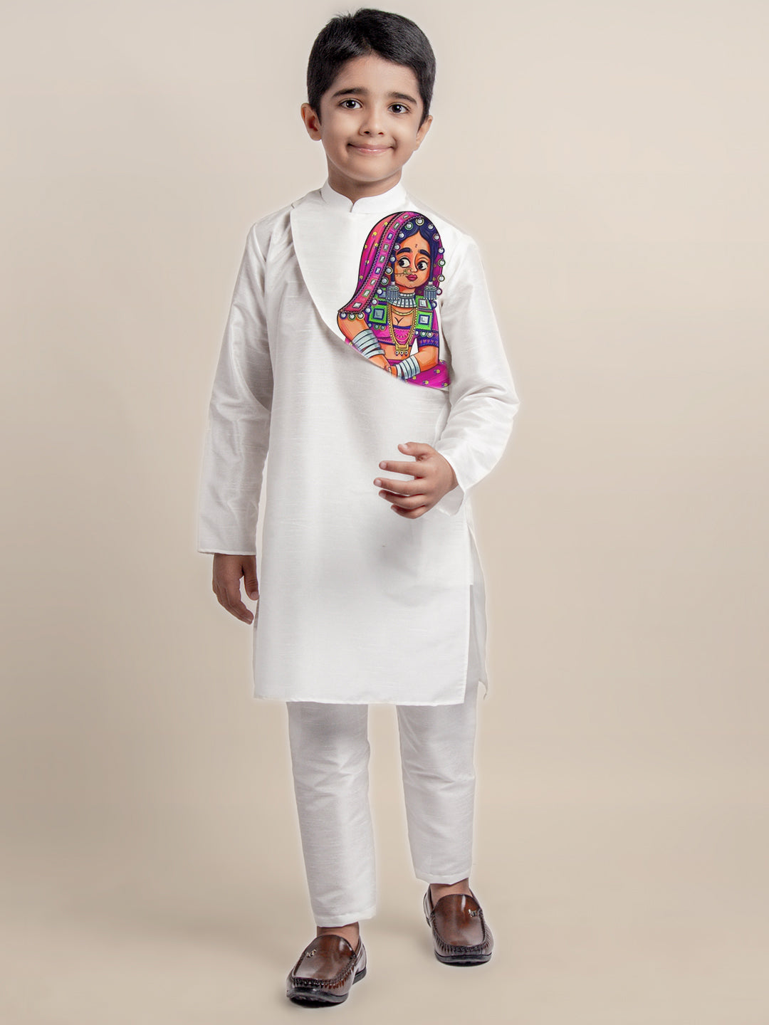 Boys White Printed Kurta With Pyjama Set