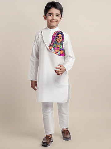 Boys White Printed Kurta With Pyjama Set
