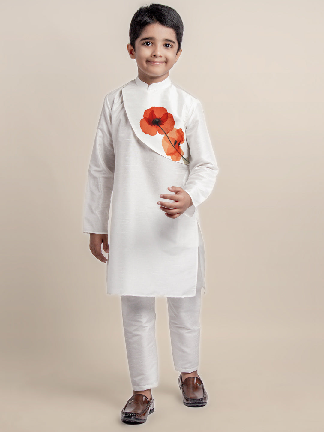 Boys White Printed Kurta With Pyjama Set