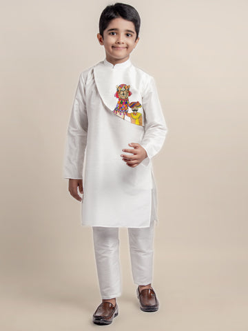 Boys White Printed Kurta With Pyjama Set
