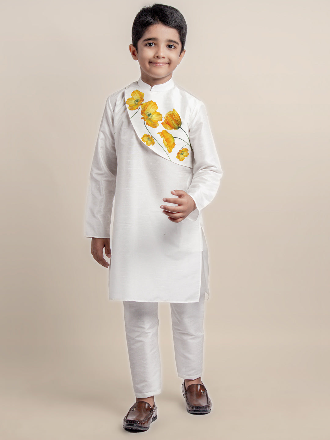 Boys White Printed Kurta with Pyjama Set