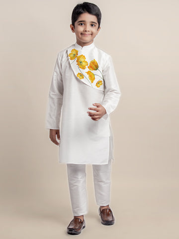 Boys White Printed Kurta with Pyjama Set