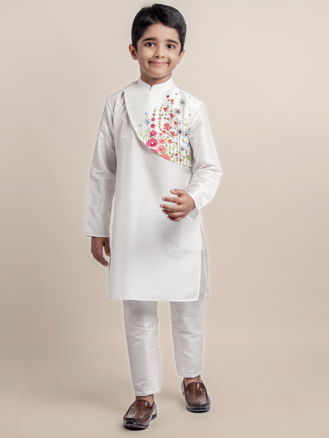 Boys White Printed Kurta With Pyjama Set