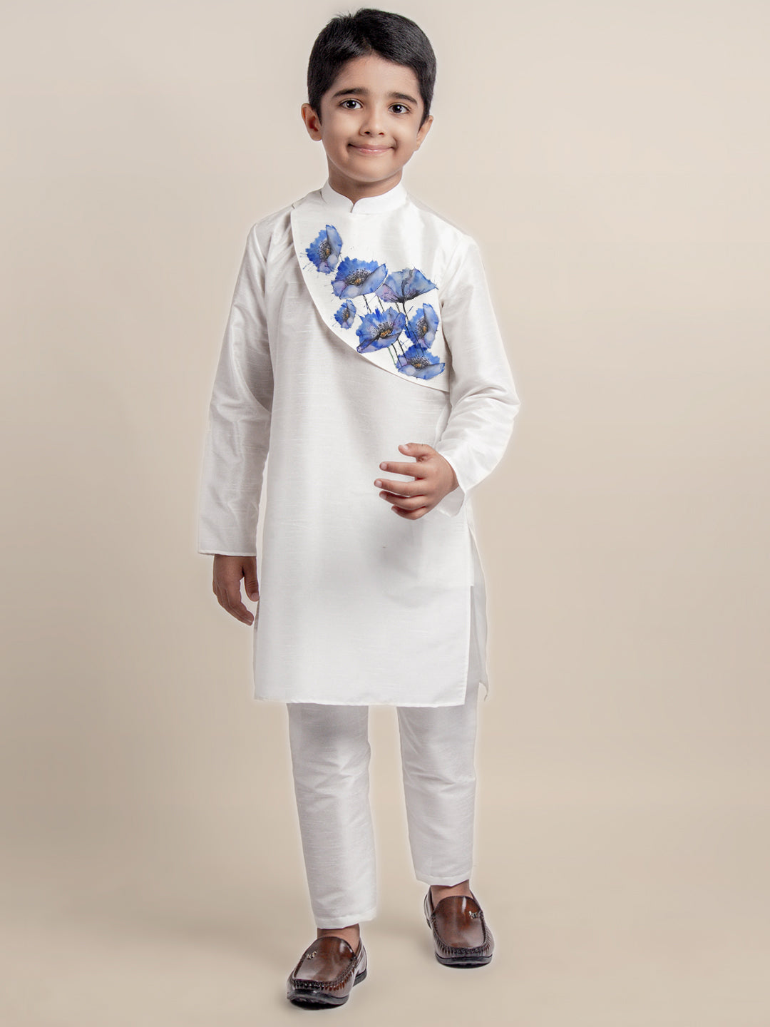 Boys White Printed Kurta With Pyjama Set
