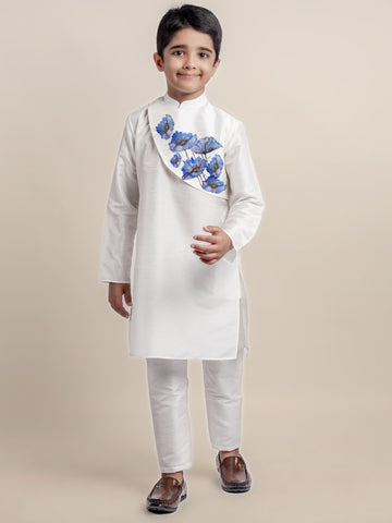 Boys White Printed Kurta With Pyjama Set