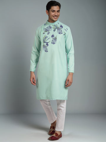 [MGSP-B] Men's Green Ethnic Print Side Placket Cotton Kurta Set