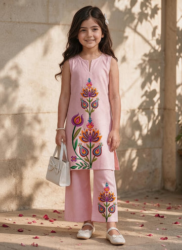 Girls' Pink Cotton Kurti and Semi Palazzo Set – Printed
