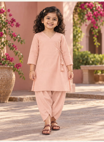 Girls' Peach Cotton Kurti with Tulip pant Set – Solid