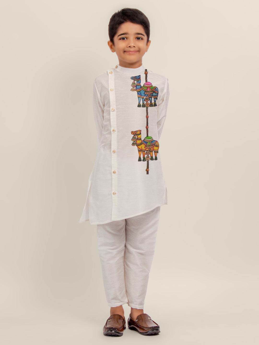 Boys White Printed Kurta With Pyjama Set