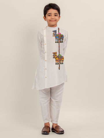 Boys White Printed Kurta With Pyjama Set