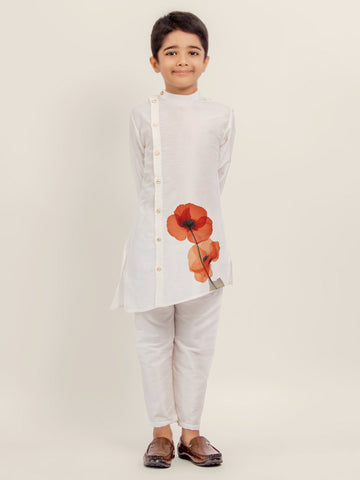 Boys White Printed Kurta With Pyjama Set
