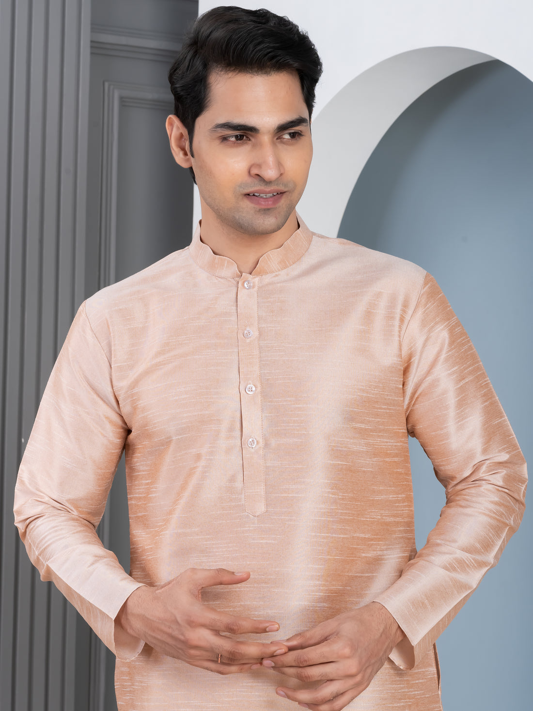 Woven Design Mandarin Collar Long Sleeves Dupion Silk Straight Kurta With Pyjama Set