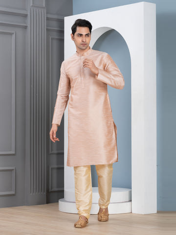 Woven Design Mandarin Collar Long Sleeves Dupion Silk Straight Kurta With Pyjama Set
