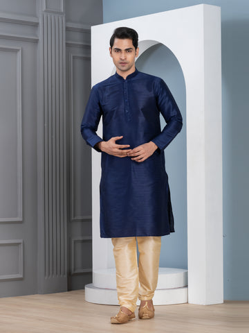 [DP] Men's Navy Blue Solid Art Silk Kurta Set