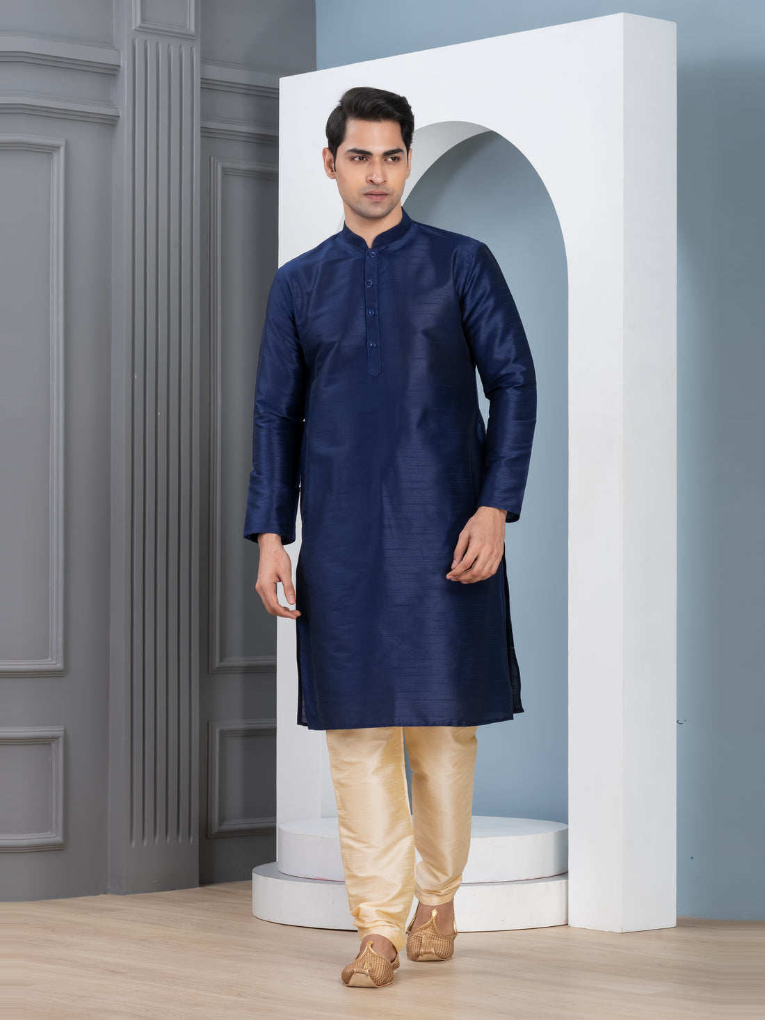 [DP] Men's Navy Blue Solid Art Silk Kurta Set