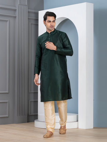 [DP] Men's Green Solid Art Silk Kurta Set