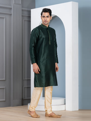 [DPE] Men's Green Embroidered Art Silk Kurta Set