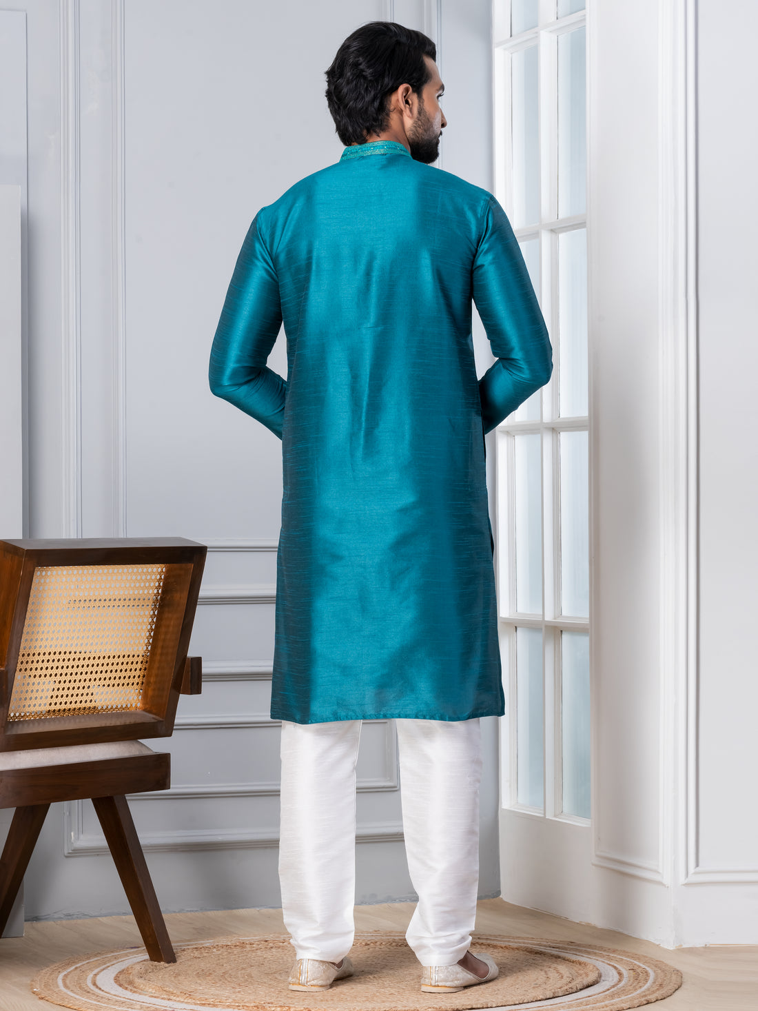 Men Solid Woven Design Thread Work Straight Kurta With Pyjama Set