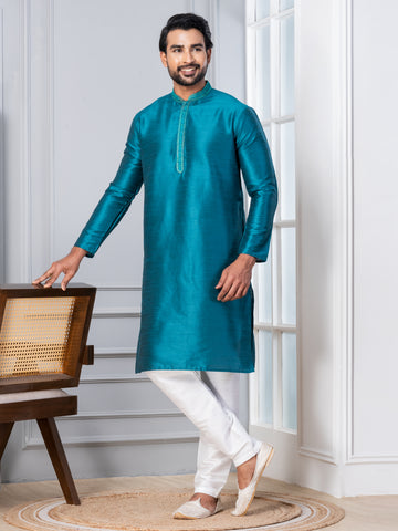 Men Solid Woven Design Thread Work Straight Kurta With Pyjama Set