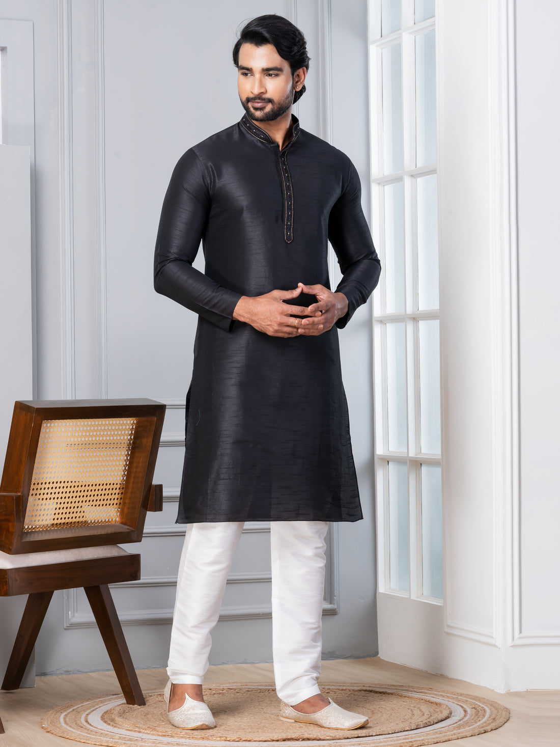 Men Woven Design Festive Straight Kurta With Pyjama Set