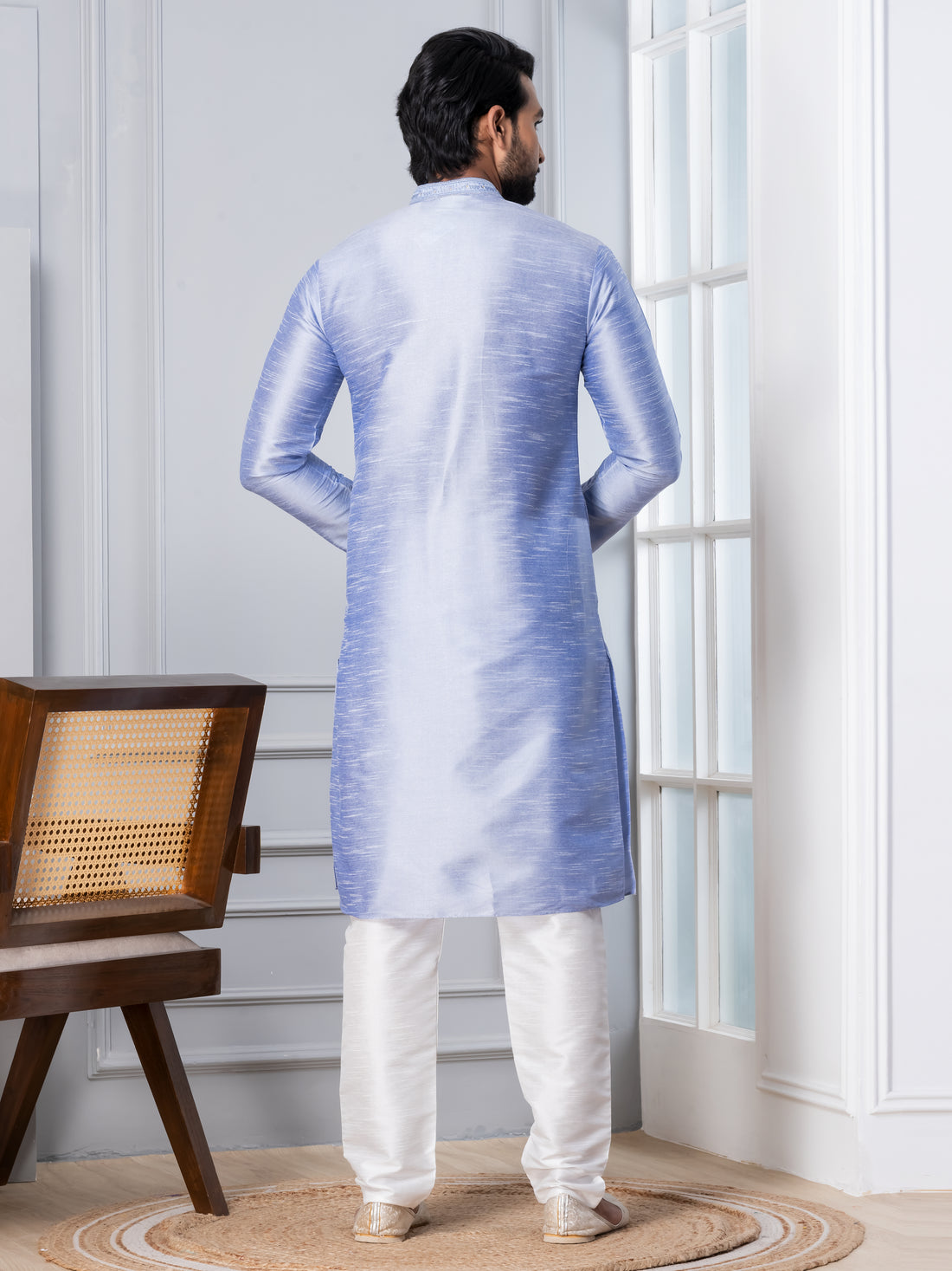 Woven Design Mandarin Collar Thread Work Straight Kurta With Pyjama Set