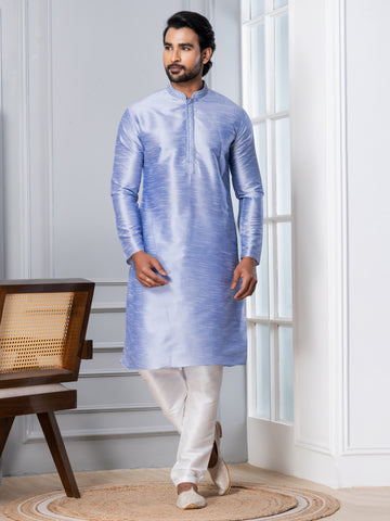Woven Design Mandarin Collar Thread Work Straight Kurta With Pyjama Set