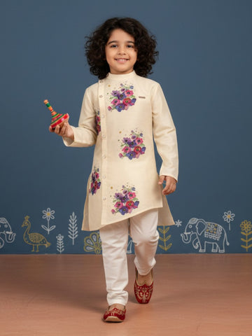 [DBKS-DPSP-D] Boy's Beige Ethnic motifs Print Art Silk kurta Set