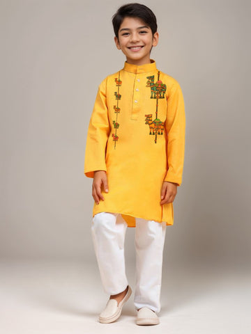 Boys Yellow Printed Kurta Pyjama Set