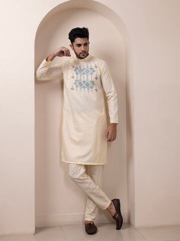 [MGSP-B] Men's Beige Ethnic Print Side Placket Cotton Kurta Set
