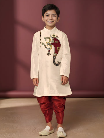 [DBKS-DPSP-B] Boy's Beige Ethnic motifs Print Art Silk kurta Set