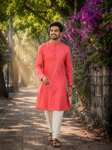 [SB] Men's Pink Solid Cotton Kurta Set