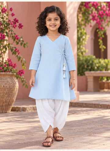 Girls' Sky Blue Cotton Kurti with Tulip pant Set – Solid