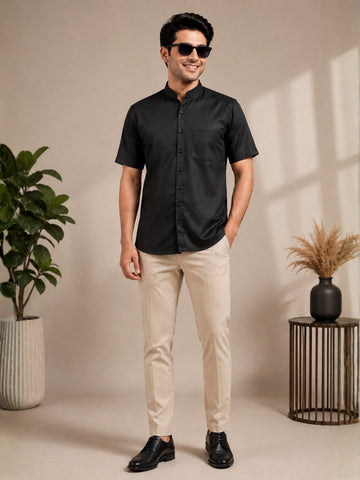 [DS-C-MG] Men's Black chinese collar Cotton Shirt
