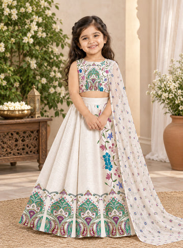 Girls' Off-White Art Silk Lehenga Set – Printed
