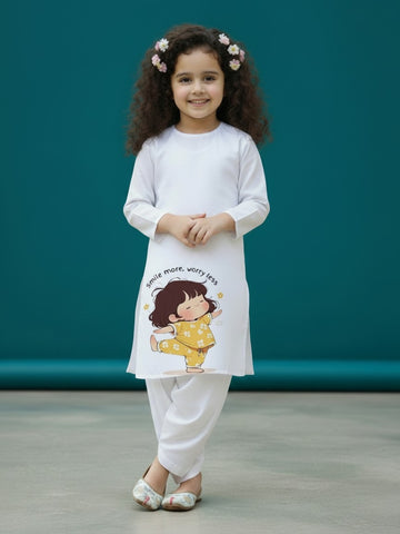 [DGKS-MGSP-RN] Girls White Ethnic Motifs Printed Cotton Kurti Set