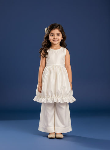 Girls' Off-White Art Silk Kurti Palazzo Set – Solid