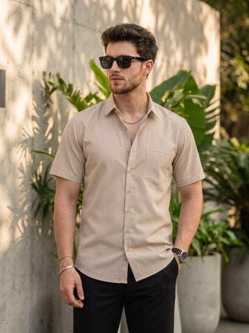 [DS-MG] Men's Beige Solid Cotton Shirt