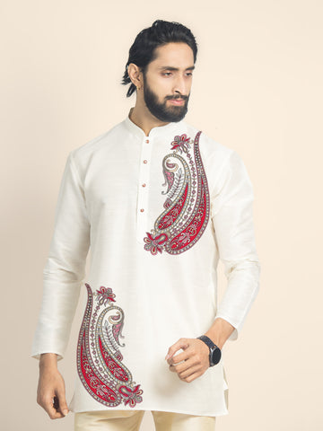Mens Off White Printed Short Kurta