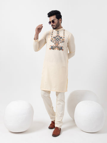 Mens Beige Side Placket Printed Kurta Whit Pyjama Set