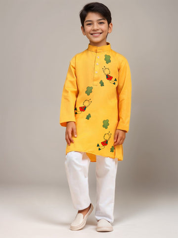 Boys Yellow Printed Kurta with Pyjama Set