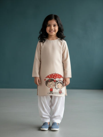 [DGKS-MGSP-RN] Girls Beige Ethnic Motifs Printed Cotton Kurti Set