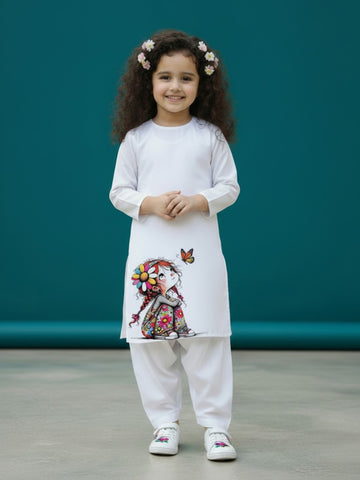 [DGKS-MGSP-RN] Girls White Ethnic Motifs Printed Cotton Kurti Set