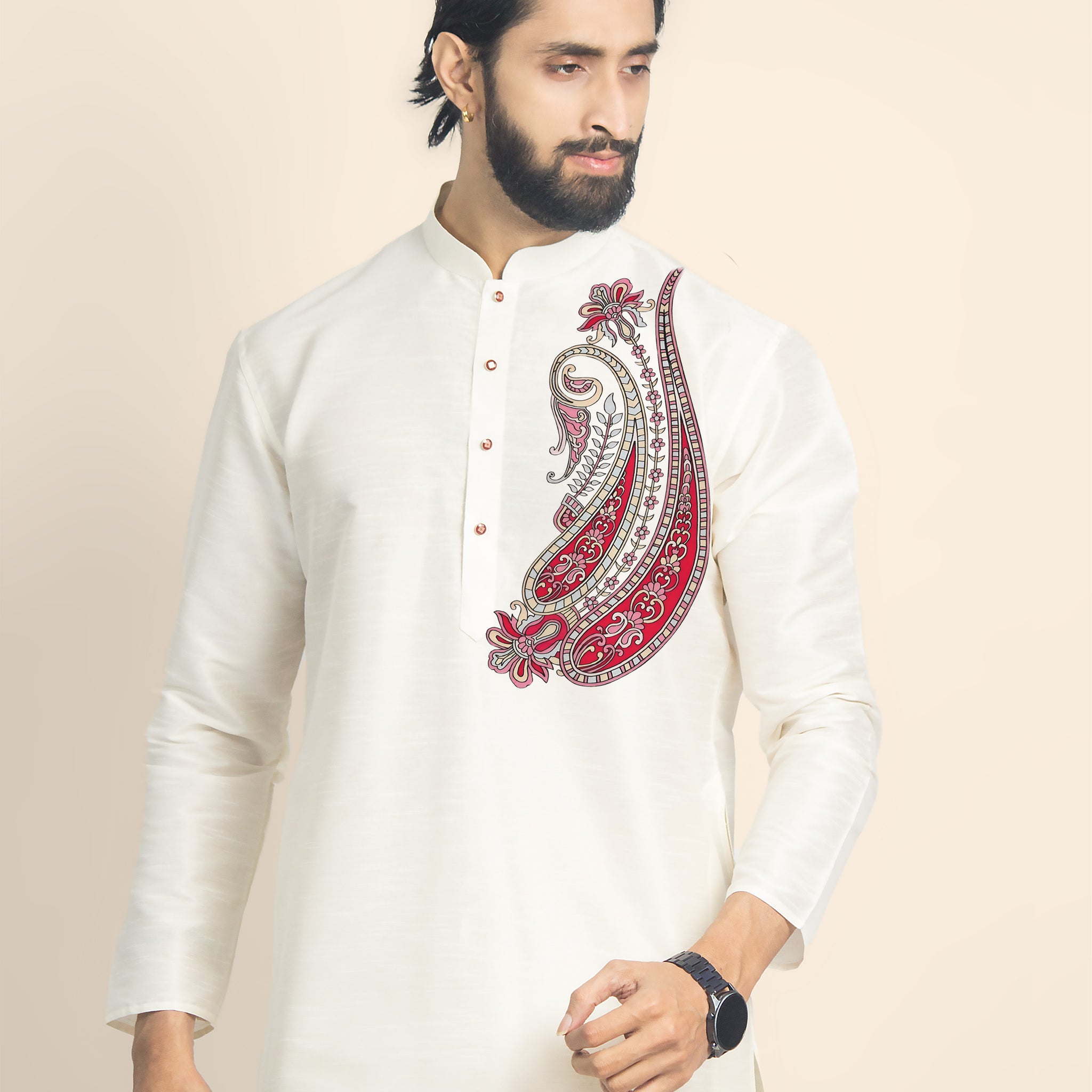 Mens Off White Printed Short Kurta