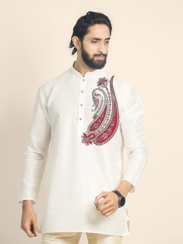 Mens Off White Printed Short Kurta